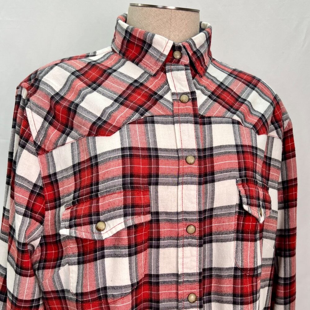 BEA Jach's Girlfriend Red & White Plaid Flannel Button-Up Long Sleeve Shirt Larg